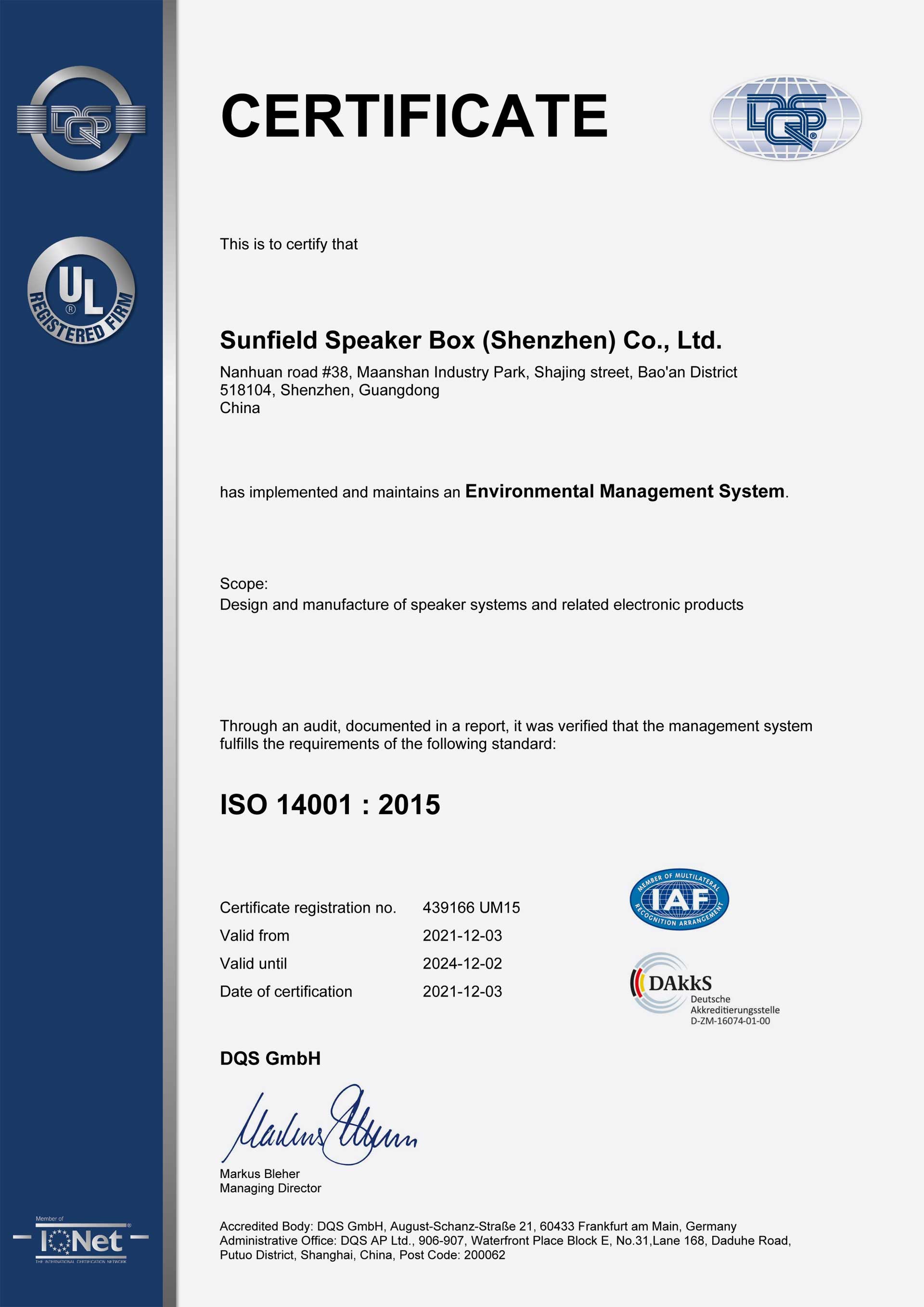 Sunfield Audio - ISO 14001 Certificate